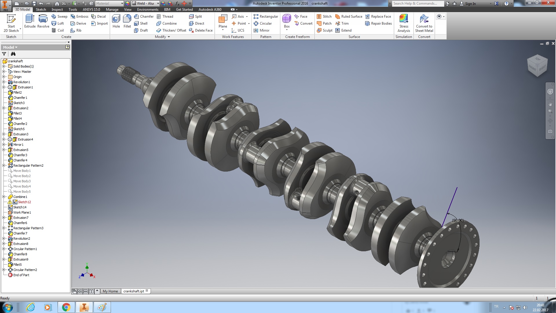 مدل سه بعدی میل لنگ مدلسازی شده در inventor FOR Finite Element Method
